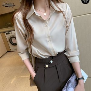 Elegant kontor dam skjorta satin tröjor kvinnor vintage långärmad blus Hong Kong stil solida mode toppar Blusa 11503 210521