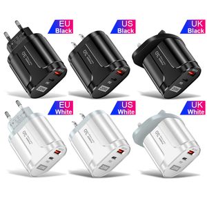 Snabb laddning 20W PD Wall Charger 2Ports EU US UK AC Power Adapter för iPhone 11 12 13 14 15 SAMSUNG HTC LG Android Phone PC Mp3 med låda