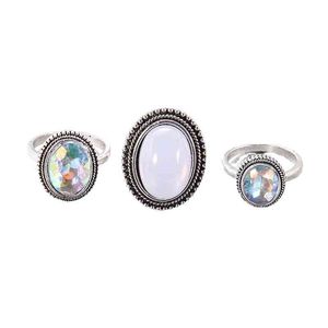 3 sztuk / zestaw Vintage Kolorowe Kamień Metalowe Łańcuch Modna Geometria Hit Pierścienie Zestaw Dla Kobiet Biżuteria