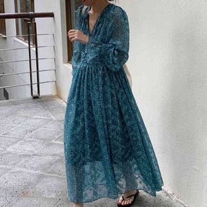 Women Blue Chiffon Bandage Printed Long Dress V-Neck Flare Sleeve Loose Fashion Spring Summer 16W700 210510