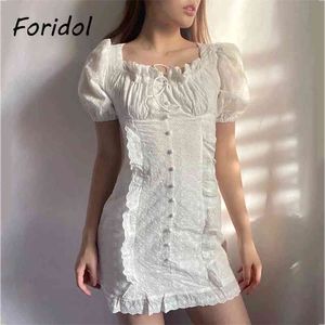 Foridol White Lace Summer Dress Women Vintage Puff Sleeve Beach Bodycon Mini Dress Button Up Ruffle Short Cotton Dress 210415