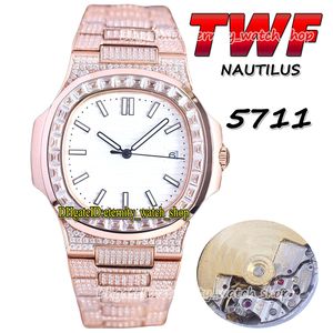 2022 TWF 5711 PP324 A324 Automatisk herrklocka Paled Diamonds version White Dial Square Rose Gold Bezel Stick Steel Armband Eternity Super smycken Watches