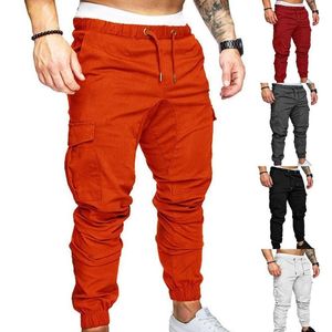 Calça Cargo Fina Respirável Cordão com Cordão Longo Masculino Casual Cor Sólida Bolsos Cintura Tornozelo Amarrado Magro