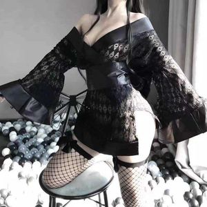 セクシーなコスプレユニフォーム暗い日本の着物のエロティックな衣装女性ローブカーディガンロールプレイネットヤーンブラック4ピースランジェリーセットY0913