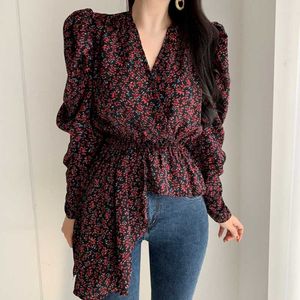 All-Match Verão Elegante Decote em V Puff Manga Irregular Tops Chic Solta Doce Casual Feminino Cópia Floral Camisas 210529