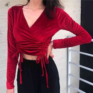 セクシーなVネックプルオーバーTシャツCorduroy Spring秋の女性長袖クロップトップレースアップショートTシャツ服t91701 210421