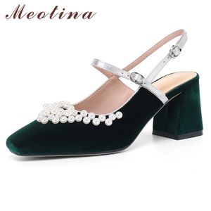 Meotina Women Shoes High Heel Fashion Slingbacks Pumps Square Toe String Bead Party Shoes Flock Thick Heels Buckle Footwear 210520