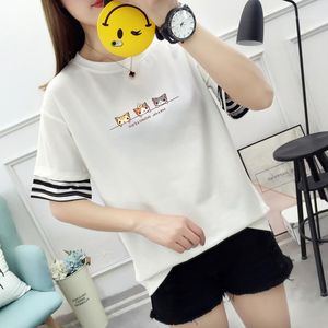 T-shirt das mulheres Y2K Top Top Mulher T Camiseta Roupas Verão Algodão Listrado Retalhamento Gatinho Impressão dos Desenhos Animados de Gatinho Harajuku Kawaii Manga Curta