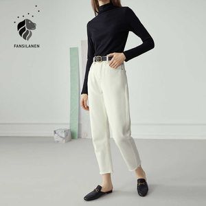 Fansilanen algodão borla franja branca jeans retos mulheres cintura alta rasgado mola feminina oversize casaul calças denim 210607