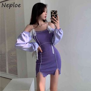 Neploe Sexy Slash Neck Spalla senza spalline Camis Dress Donna Vita alta Hip Skinny Abiti Split Design Hit Color Robe Summer 210423