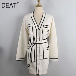 DEAT Jesień i zima Moda Casual V-Neck Pełne Rękawy Kontrast Kolory Talii Pas Belt Kieszonkowy Pojedynczy Kierowany Scargan 210812