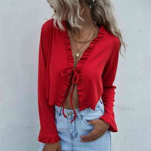 Autumn red cardigans female Wooden Ear Breasted button V-neck Cardigan Thin Short Jacket V-Neck Ruffles Cardigans for women 210508