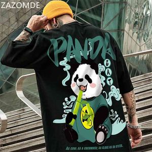 ZAZOMDE Hip Hop Tees T-Shirt w stylu chińskim Panda Harajuku luźne męskie T Shirt w stylu Casual, letnia ponadgabarytowe męskie ubrania punkowe 210706
