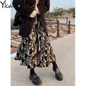 Vintage preto floral impressão longa saia mulheres elásticas cintura alta plissada coreana harajuku verão senhoras escritório roupas 210421