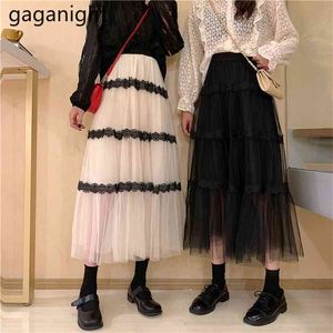 Mesh Fashion Lace Patchwork Kvinnor Skirt Elastic High Waist Long Kjolar Höst Vinter Kvinna Chic A Line Fladas 210601