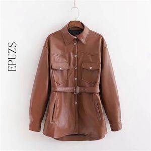 Vintage Preto Khaki Faux Jaqueta De Couro Mulheres Pu Jaqueta Streetwear Punk Cinto De Motocicleta Casaco Ladies Biker 210521