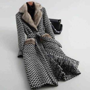 女性ウールブレンドコートチェック柄ダブルブレストXロングジャケットプラスサイズ5×10オフィス女性冬用暖かい毛皮カラーコート女性WH353 211118
