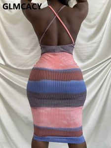 Kvinnor Halter Backless Striped Printed Maxi Casual Bodycon Dress Y0823