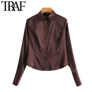 Traf Women Fashion Office Wear Cozy Bluuses Vintage Long Sleeve Button-up kvinnliga skjortor Chic Tops 210415