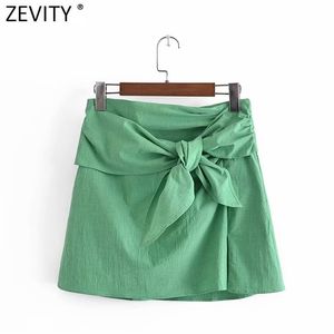 Women Fashion Solid Color Green A Line Mini Skirt Faldas Mujer Female Side Zipper Pleat Bow Tied Slim Vestidos QUN769 210416