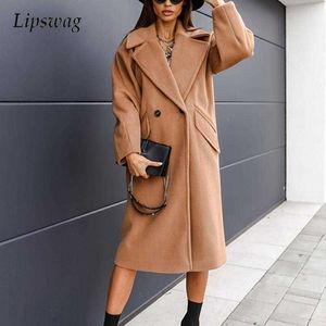 Jesień Zima Gruba Kobiety Kurtka Płaszcz Street Biuro Lady Moda Prosty Wełniany Płaszcz Casual Luźny Solidny Długi Rękaw Outerwear 210930