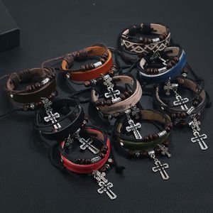 Multilayer Rope Handmade Braided Leather Wooden Beads Cross Charm Bracelets Bangle Fashion Jewelry For Women Men