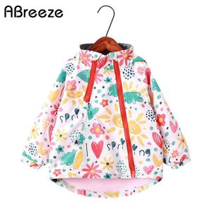 İlkbahar Sonbahar Çocuk Üst Giysi 2-9Y Kızlar Kapüşonlu Ceketler Moda Hayvan Çiçek Baskı Kabanlar Palto 211011