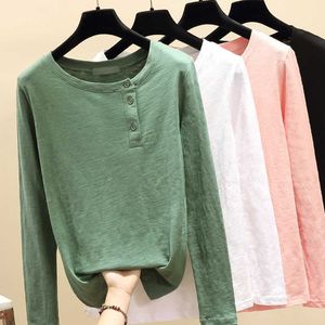 Kobiety Spring Fall Casual T-Shirt Moda Korea Okrągły Neck T Shirt Bawełna Z Długim Rękawem Topy Pink Green White Plus Size 210604