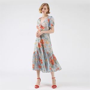 Summer Blue Floral Dress Women Short Sleeve Deep V Neck Flounce A Line Boho Beach Chiffon Slim Maxi Dresses vestidos 210608