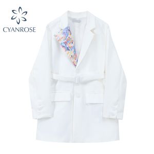 Women White Blazer Jacket Spring High Waist Slim Coat Female Silk Scarf Spliced Deep V Neck French Vintage High Quality Outwear 210417