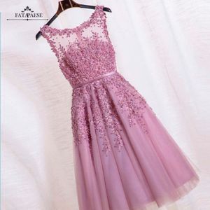 Pink Short Lace Cocktail Dresses Illusion Sweetheart Lace Pearls Evening Party Gowns Appliques Bridesmaid Guest Dress CPS298 on Sale