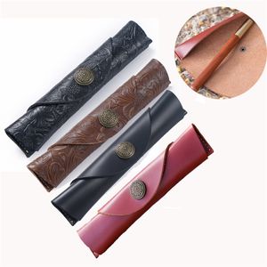 Vintage Handmade Leather Single Pencil Bag Case Holder Cowhide Fountain Pen Sleeve Roll Wrap Storage Pouch XBJK2104