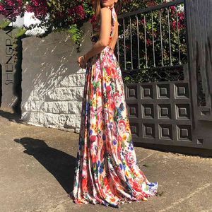 Floarl Klänning Kvinnors Sommar Deep V-Neck Waist Ärmlös Tryckt Ankellängd Klänningar Kvinna Tide 5c744 210427