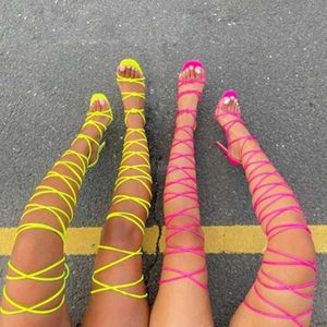 2021 New Women Gladiator Roman Sandals Open Toe Over The Knee High Leisure High Heel Lace Up Shoes Size 36-42 Pumps X0526