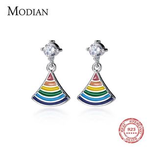 925 Sterling Silver Rainbow Enamel Swing Stud Earrings Classic Sector Cute Fine Jewelry For Women Girl Valentine's Day 210707