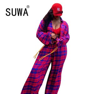 Colorful Plaid Printed Long Sleeve Coats Jacket And High Waist Wide Leg Pants Office Lady 2 Piece Outfits For Women Matching Set 210525