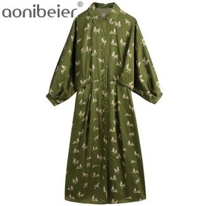 Za Green Animal Print Shirt Dres Spring Front Button Collar Woman Long Balloon Sleeve Out Going 210604