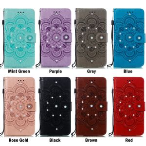 Wallet Phone Cases for iPhone 13 12 11 Pro Max XR XS 7 8 Samsung Galaxy S21 S20 Note20 Ultra Noto10 S10 Plus Rhinestone Sunflower Totem Pattern PU Leather Shockproof Case