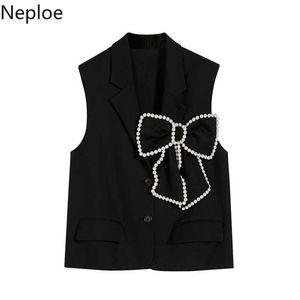 Neploe Women Vest Beading Bow Black Waistcoat Single Breasted Tank Jackor Koreanska Fashion Ärmlös Lösa Streetwear Toppar Femme 210817