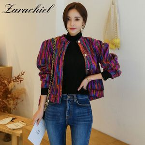 Korea Höst Kvinnor Mode Cashmere Färgrik Bomber Jacka Skriv ut Enstaka Basic Basic Short Jackets Coat Långärmad Ytterkläder 210416