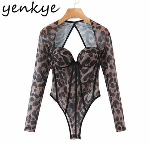 Vintage Leopard Lace Bodysuit Women Backless Long Sleeve Summer Sexy Body Femme Playsuit Tops 210514