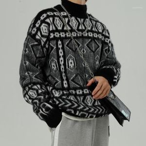 Erkek Kazak Erkekler / Kadınlar Çift Güz Kış Yarım Balıkçı Yaka Knitwear Kazak Totem Geometrik Desen Kazak Tüm Maç Rahat Gevşek Hoodie