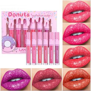 Donuts Glitter Lip Gloss 6 Color Shimmer Lipgloss Collection Velvet Comfortabel Texture Vattentät Långvarig Makeup Set för läppar