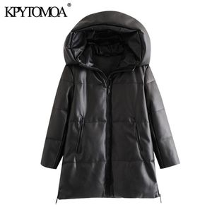 Women Fashion Thick Warm Winter Faux Leather Parkas Coat Hooded Long Sleeve Female Outerwear Chic Overcoat 210420