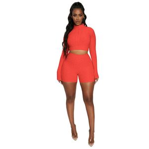 Workout Set Women 2 Piece Set Textured Långärmad Zip Up Crop Top Butt Hiss Biker Shorts Sommar Gym Yoga Outfits TrackSuit 2021 Y0702