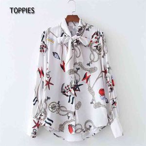 Camicie con stampa a catena di moda Maniche lunghe Colletto con sciarpa Camicette da donna bianche Top estivi 210421