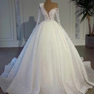 Abiti da sposa con perline A Line Abiti da sposa a maniche lunghe in pizzo con collo trasparente Arabo Dubai con paillettes Taglie forti vestido de novia