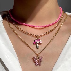 Kedjor Crystal Butterfly Mushroom Pink Beaded Necklace For Women Multilayer Cute Plant Charm Metal Choker Fashion Boho smycken