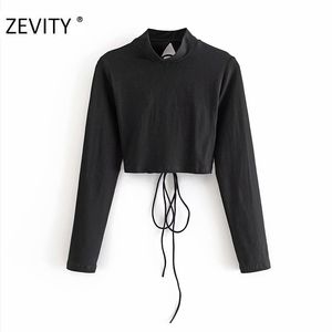 Zevity Women Sexy Backless Bandage Black Short T-shirt Kvinna Chic Stand Collar Bottom Slim T Shirts Leisure Lace Up Tops S381 210419