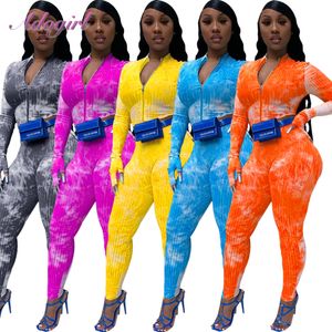 Women Ribbed Knitted Two Piece Sets Tie Dye Print Long Sleeve Zippers Jacket Tops Joggers Pants Suit Outfit Sportwear Tracksuit